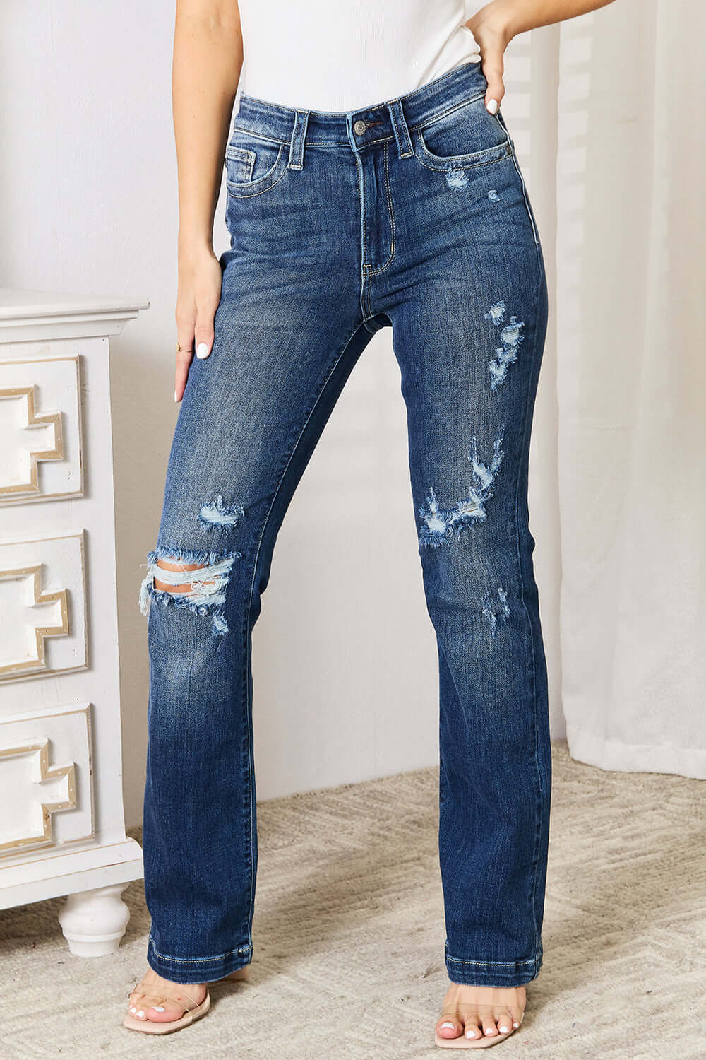 Trendsi Jeans Judy Blue Full Size Mid Rise Hand Sand & Destroy Bootcut Jeans Judy Blue Mid Rise Distressed Bootcut Jeans