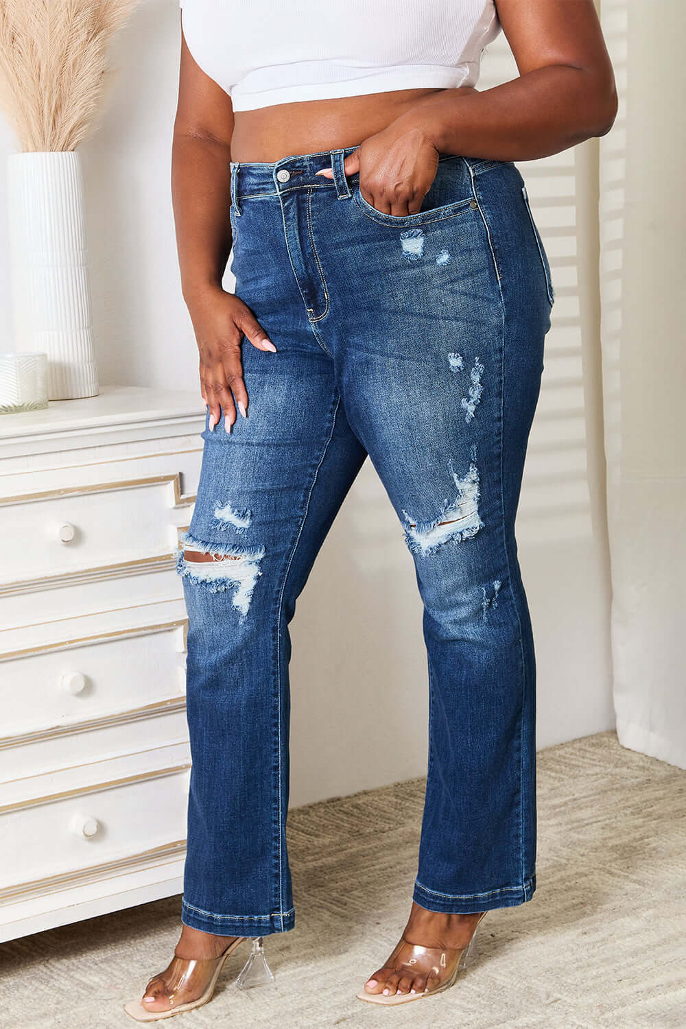 Trendsi Jeans Judy Blue Full Size Mid Rise Hand Sand & Destroy Bootcut Jeans Judy Blue Mid Rise Distressed Bootcut Jeans