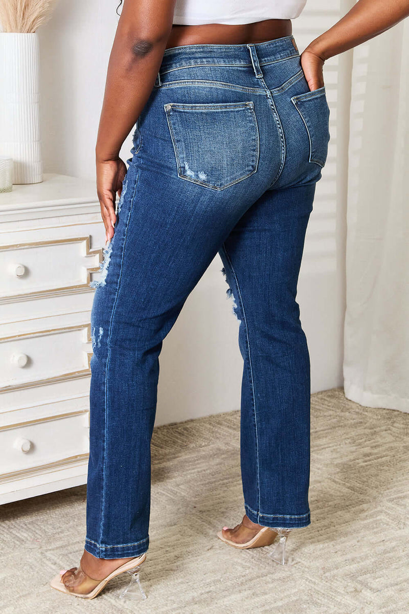 Trendsi Jeans Judy Blue Full Size Mid Rise Hand Sand & Destroy Bootcut Jeans Judy Blue Mid Rise Distressed Bootcut Jeans