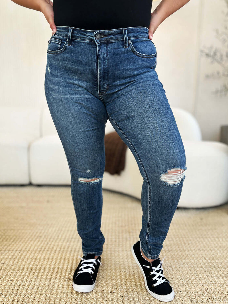 Trendsi Jeans Judy Blue Full Size Mid Waist Distressed Slim Jeans Judy Blue Full Size Mid Waist Distressed Slim Jeans