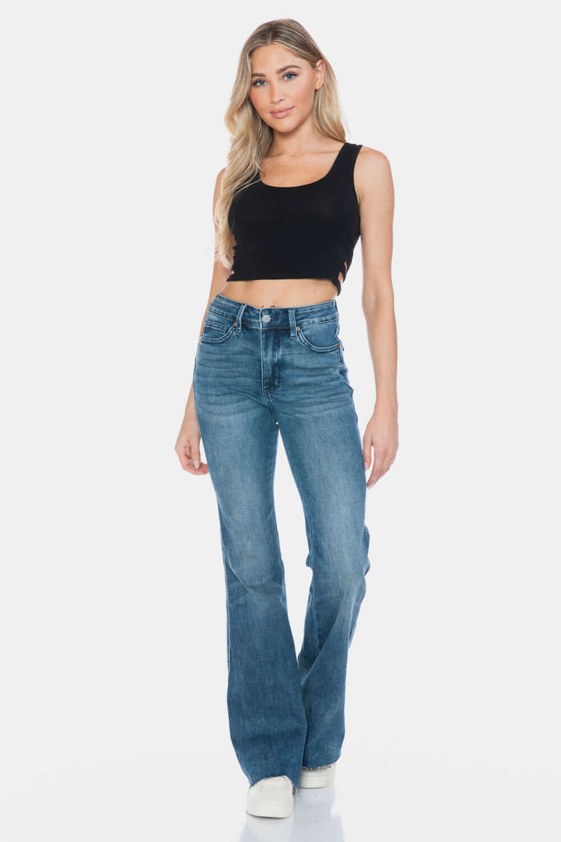 Trendsi Jeans Judy Blue Full Size Tummy Control Cut Hem Flare Jeans Judy Blue Tummy Control Flare Jeans