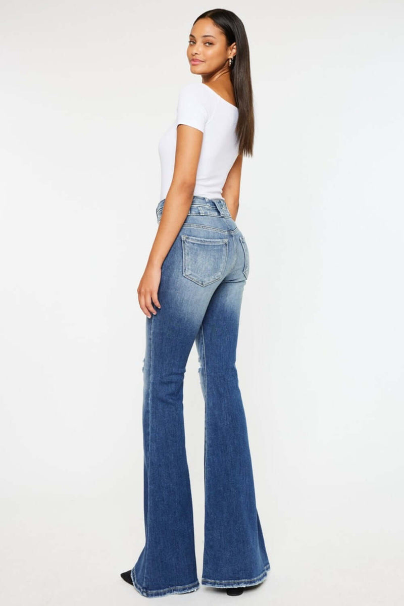 Trendsi Jeans Kancan High Rise Wide Waistband Flare Jeans Kancan High Rise Flare Jeans - Trendy Denim Style