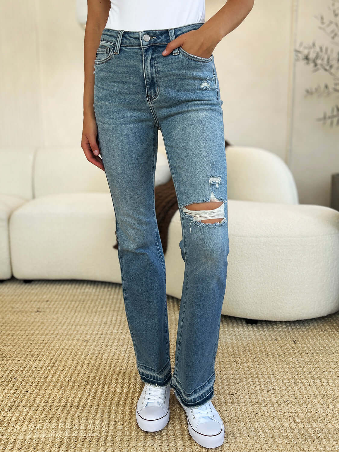 Trendsi Jeans Medium / 0(24) Judy Blue Full Size Mid Rise Destroyed Hem Distressed Jeans Judy Blue Full Size Mid Rise Destroyed Hem Distressed Jeans