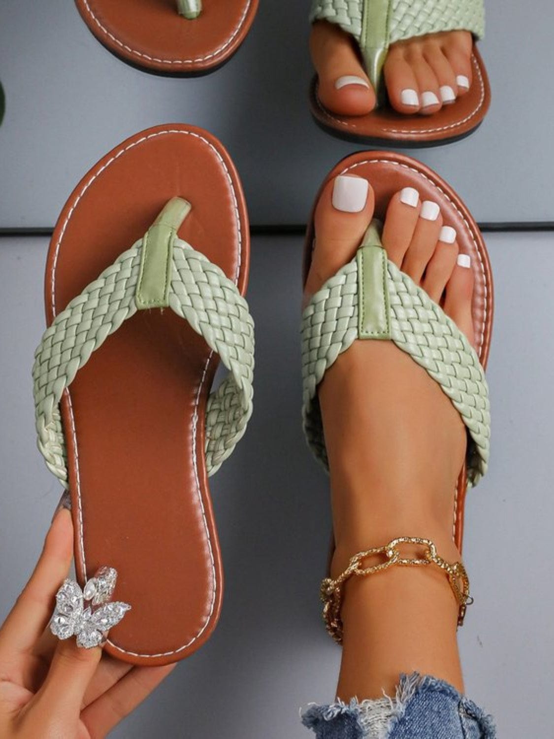 Trendsi sandals Sage / 36(US5) Braided Toe Post Flats Sandals Braided Toe Post Flats Sandals