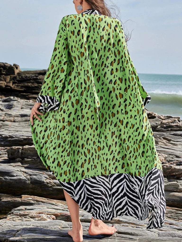 Tropical Leopard Print Kimono Beach Cover - Up - Green Leopard Print by Trendsi from FREYA’S CLOSET