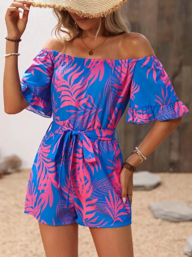 Tropical Print Off - Shoulder Romper - Blue by Trendsi from FREYA’S CLOSET