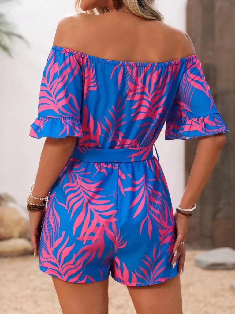 Tropical Print Off - Shoulder Romper - Blue by Trendsi from FREYA’S CLOSET