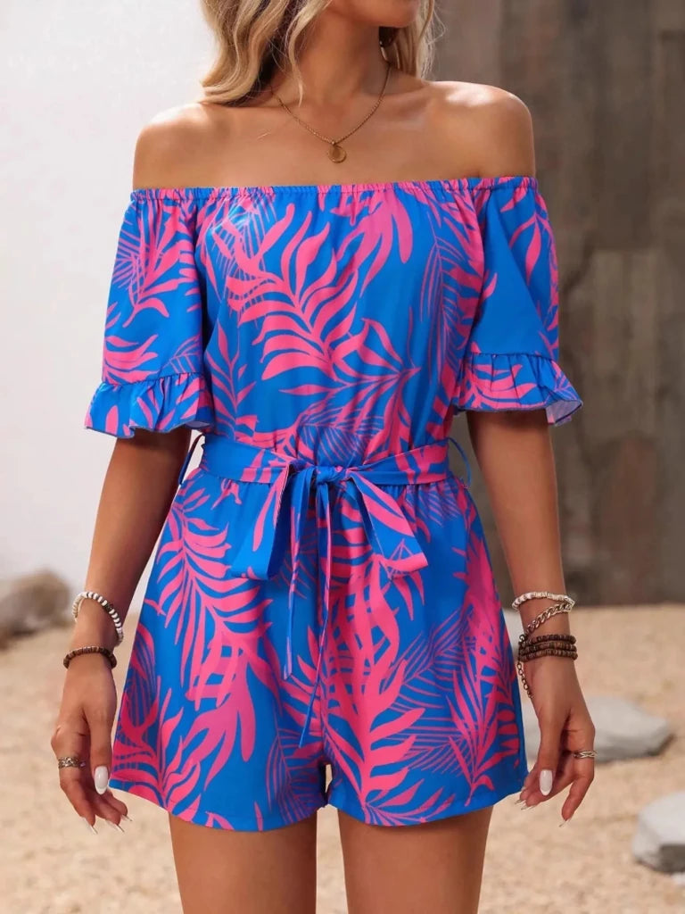 Tropical Print Off - Shoulder Romper - Blue by Trendsi from FREYA’S CLOSET