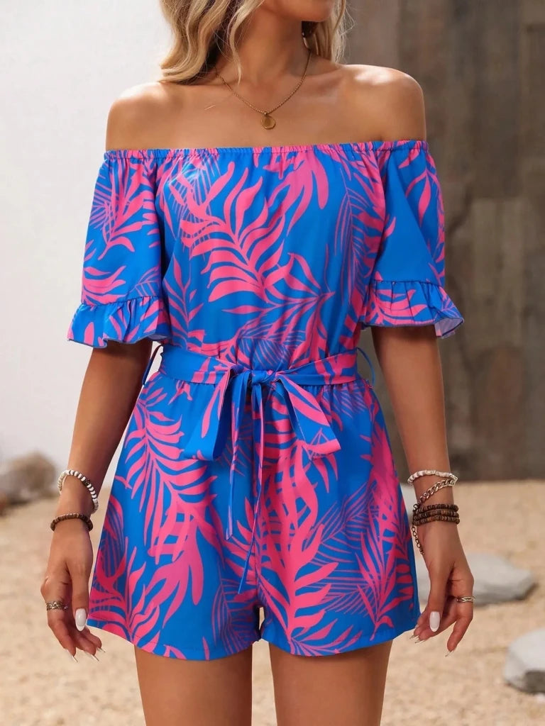 Tropical Print Off - Shoulder Romper - Blue by Trendsi from FREYA’S CLOSET