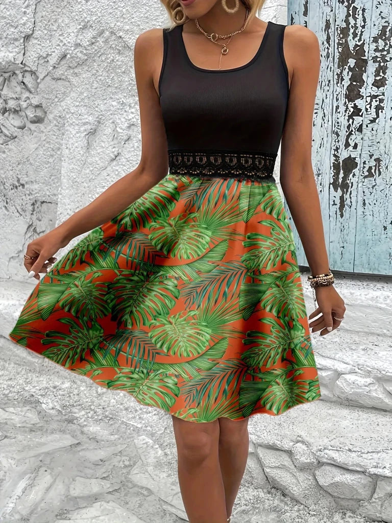 Tropical Print Sleeveless Summer Dress with Lace Waist Detail - Orange by Trendsi from FREYA’S CLOSET