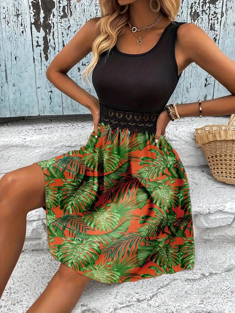 Tropical Print Sleeveless Summer Dress with Lace Waist Detail - Orange by Trendsi from FREYA’S CLOSET
