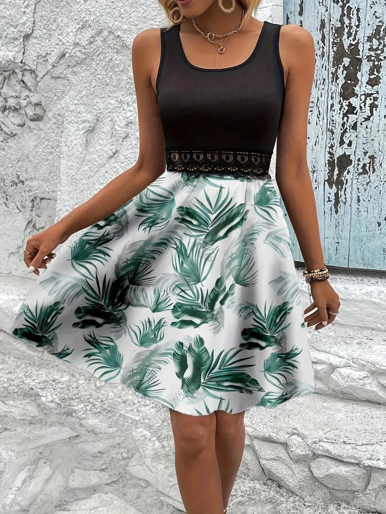 Tropical Print Sleeveless Summer Dress with Lace Waist Detail - White by Trendsi from FREYA’S CLOSET