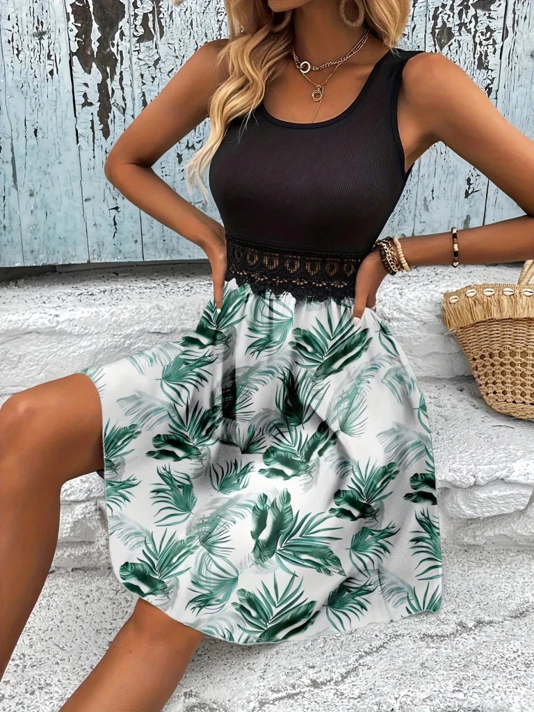 Tropical Print Sleeveless Summer Dress with Lace Waist Detail - White by Trendsi from FREYA’S CLOSET