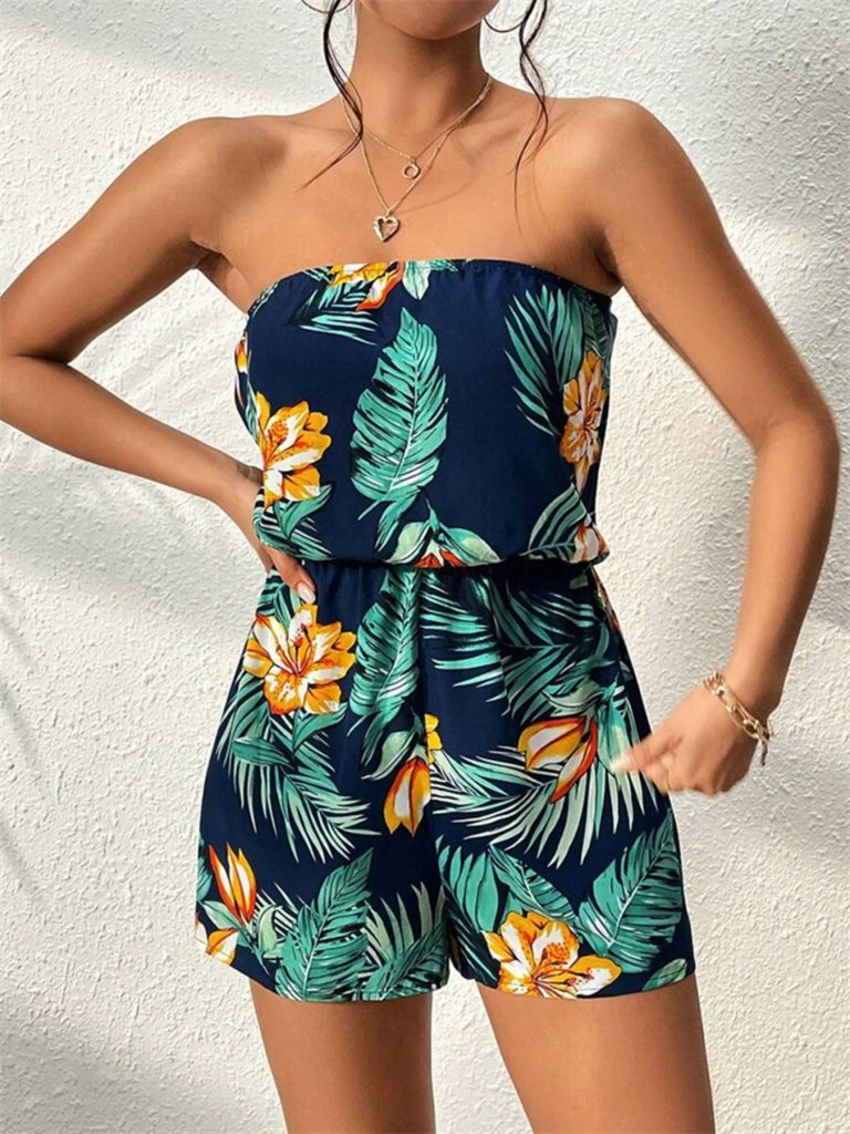 Tropical Print Strapless Elastic Waist Romper - Dark Green by Trendsi from FREYA’S CLOSET