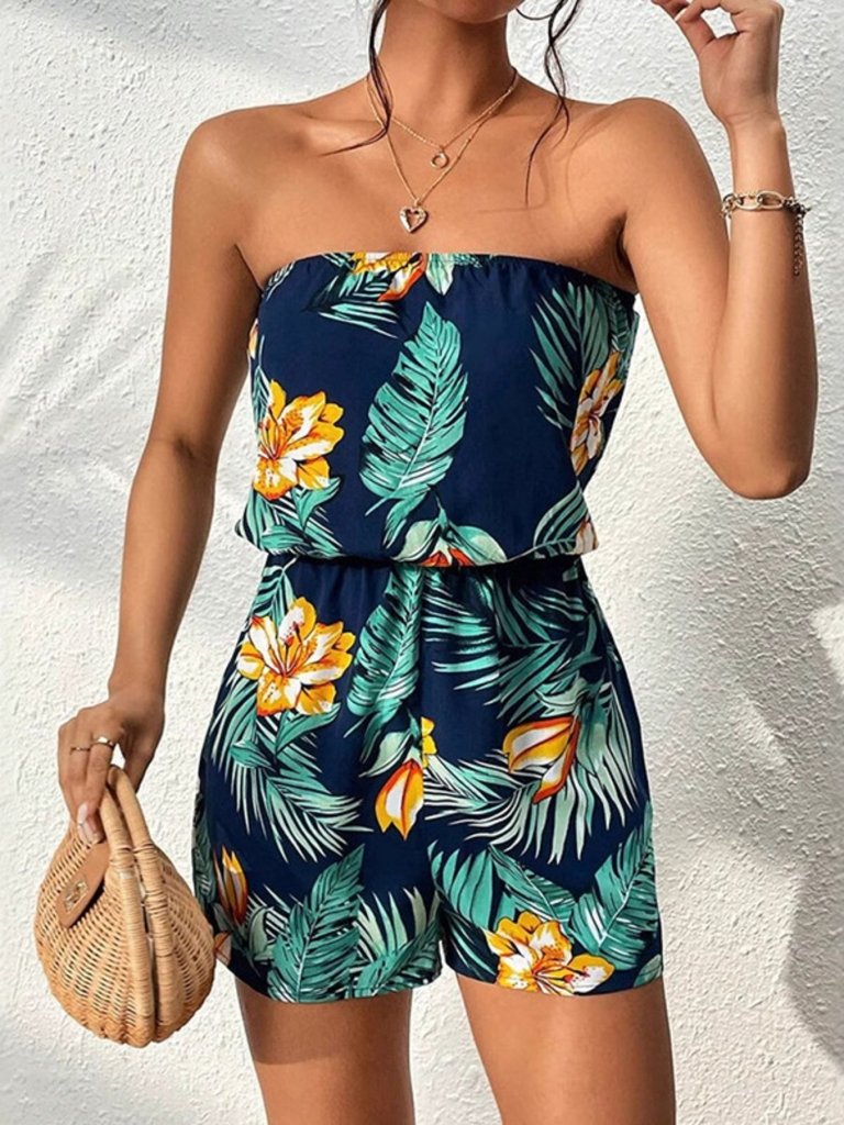 Tropical Print Strapless Elastic Waist Romper - Dark Green by Trendsi from FREYA’S CLOSET