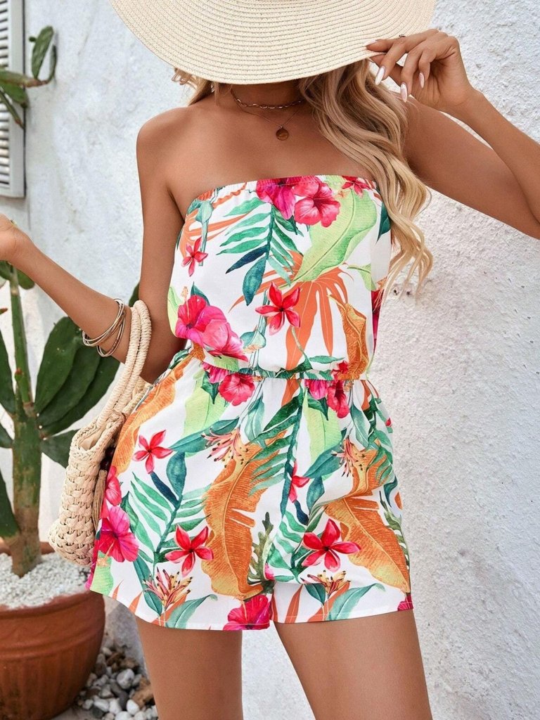 Tropical Print Strapless Elastic Waist Romper - Multicolor by Trendsi from FREYA’S CLOSET