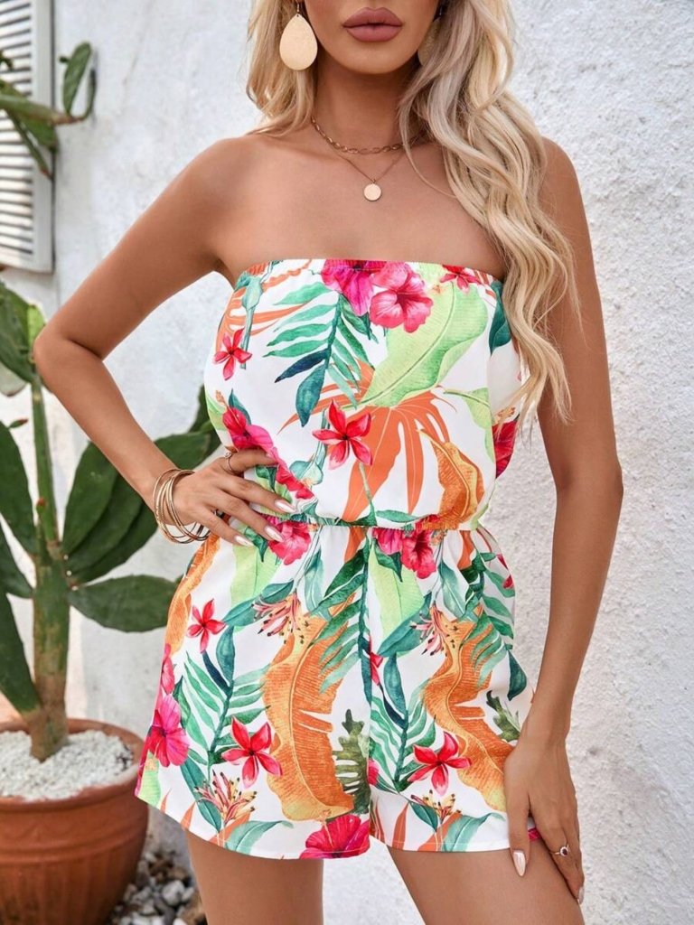 Tropical Print Strapless Elastic Waist Romper - Multicolor by Trendsi from FREYA’S CLOSET