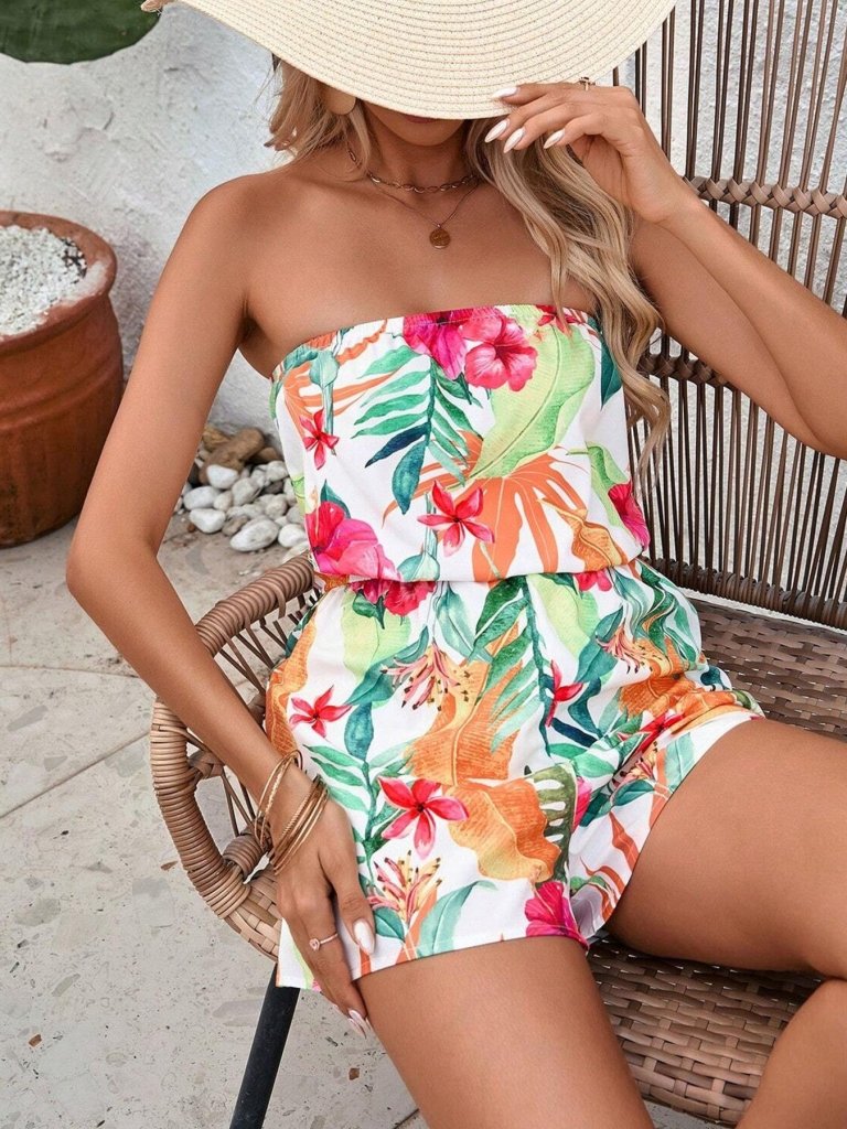 Tropical Print Strapless Elastic Waist Romper - Multicolor by Trendsi from FREYA’S CLOSET