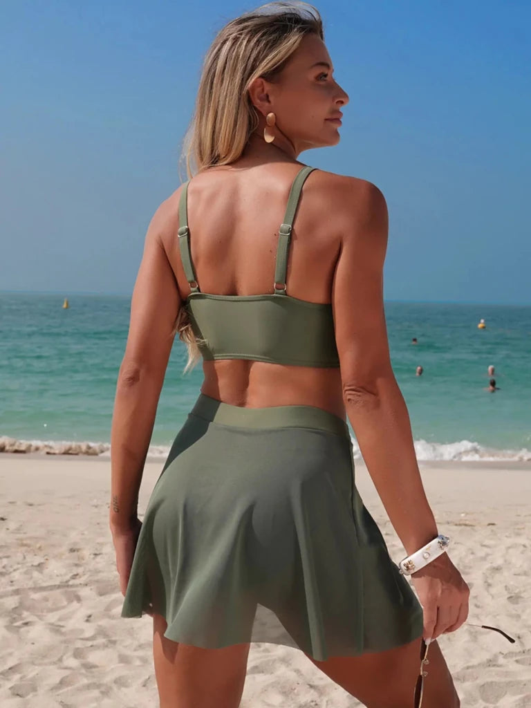 Twist Front Cami and Skort Swim Set - Army Green by Trendsi from FREYA’S CLOSET
