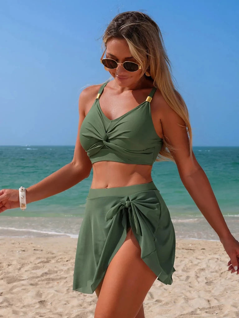 Twist Front Cami and Skort Swim Set - Army Green by Trendsi from FREYA’S CLOSET