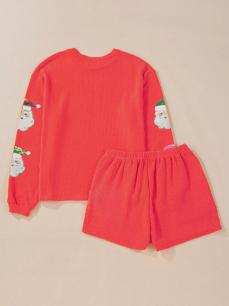 Twisted Ribbed Christmas Sequin Patched Top and Shorts Set - Orange by Trendsi from FREYA’S CLOSET