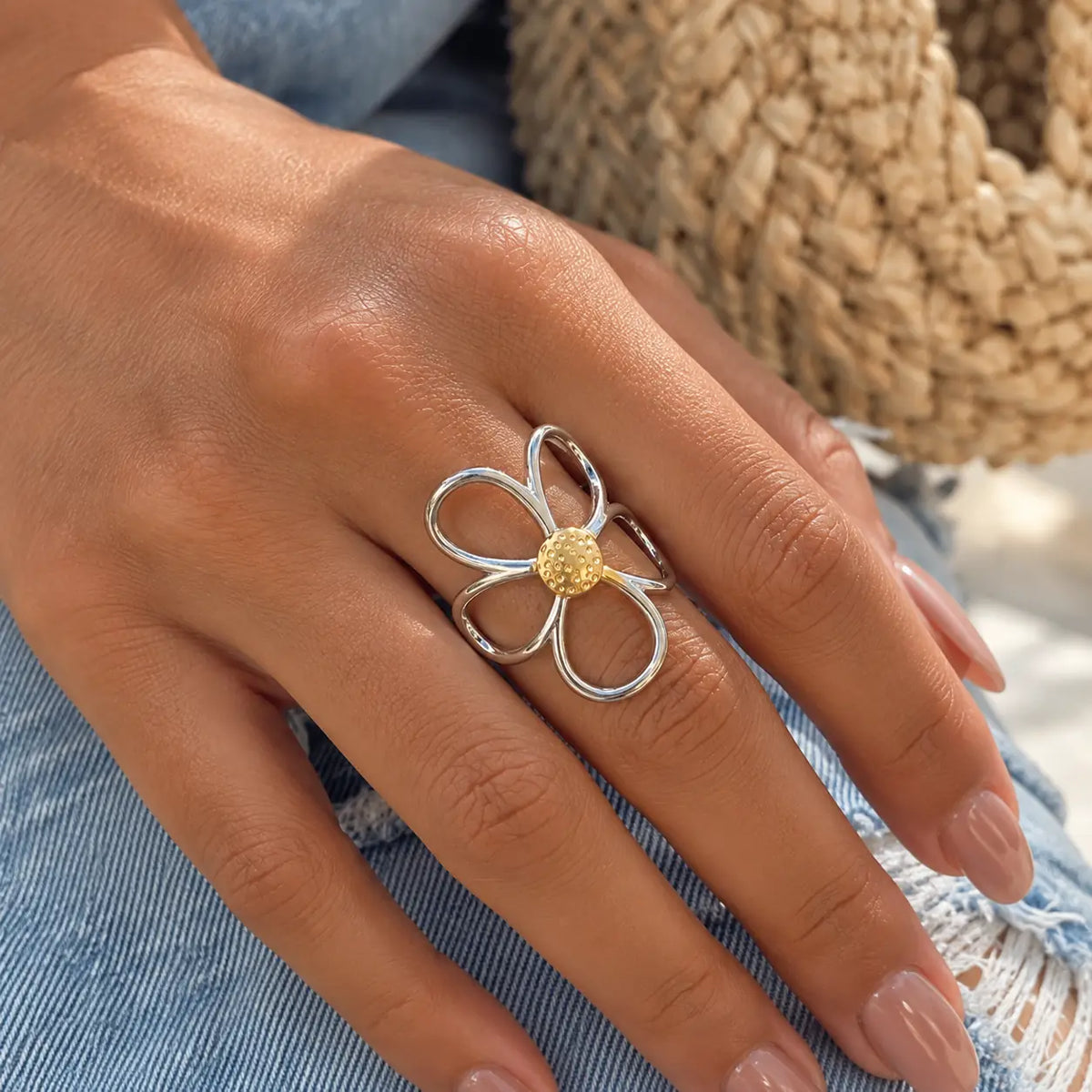 Two-Tone Daisy Flower Ring worn on hand