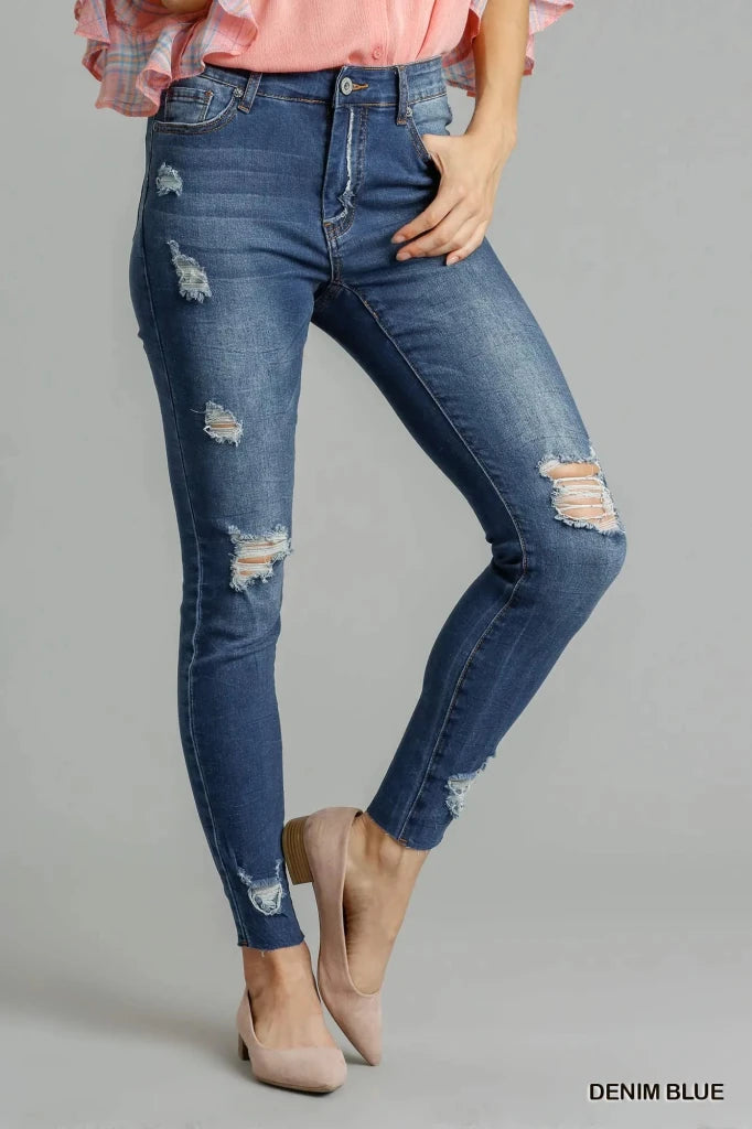 Umgee Distressed Skinny Jeans with Pockets - DENIM BLUE by Trendsi from FREYA’S CLOSET