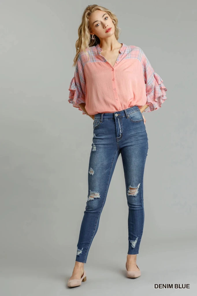 Umgee Distressed Skinny Jeans with Pockets - DENIM BLUE by Trendsi from FREYA’S CLOSET