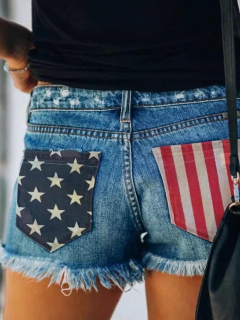 US Flag Distressed Denim Shorts with Frayed Hem - Pattern B by Trendsi from FREYA’S CLOSET