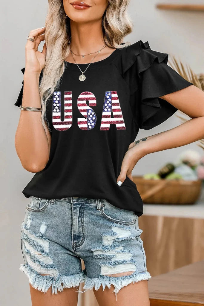 USA Round Neck Flounce Sleeve Top - Black by Trendsi from FREYA’S CLOSET