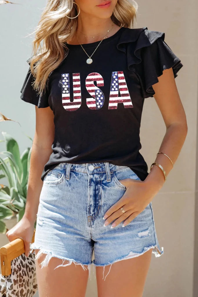 USA Round Neck Flounce Sleeve Top - Black by Trendsi from FREYA’S CLOSET