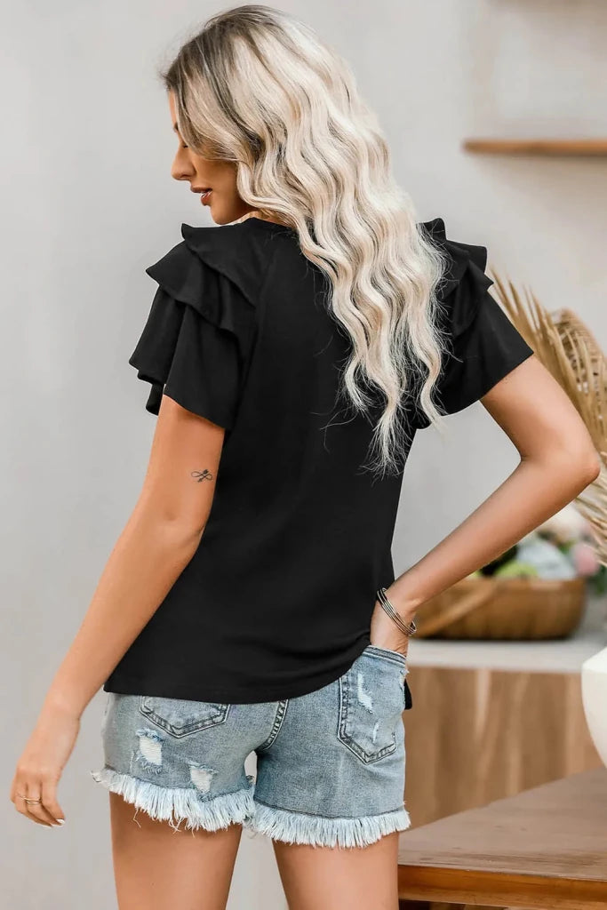USA Round Neck Flounce Sleeve Top - Black by Trendsi from FREYA’S CLOSET