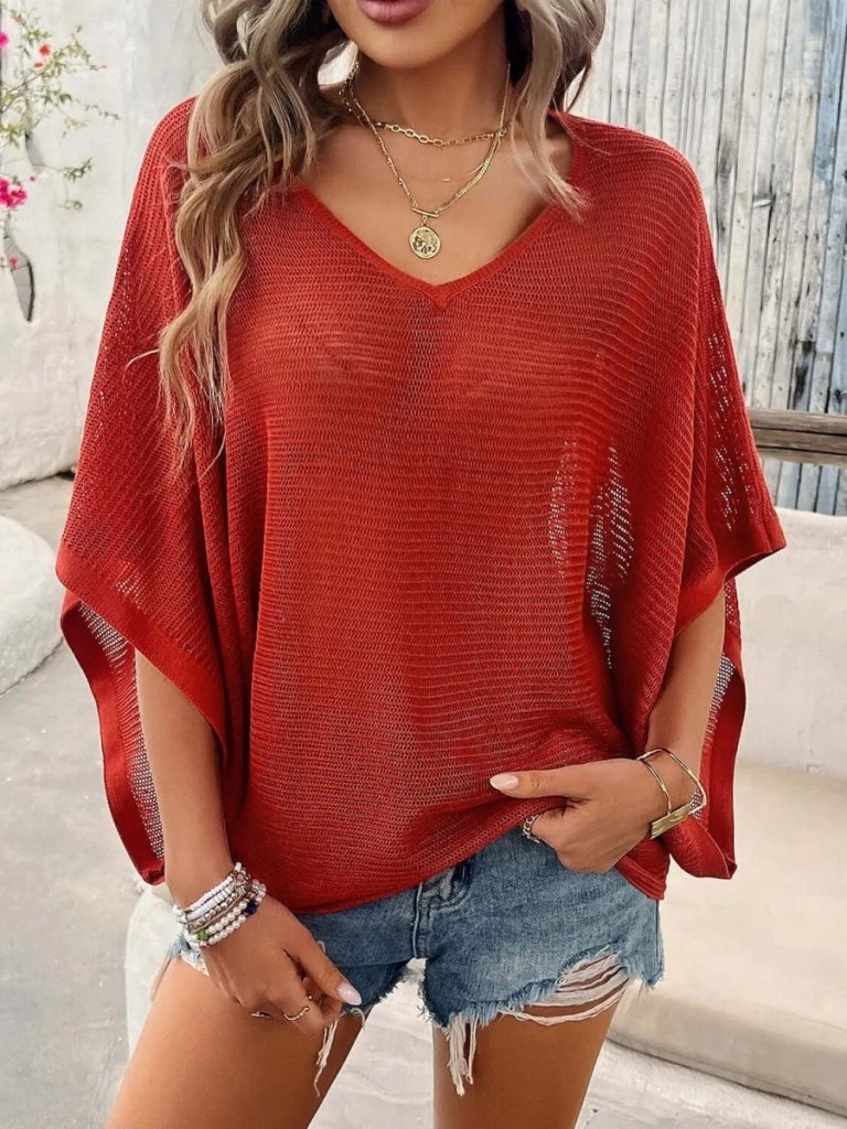 V - Neck Batwing Sleeve Knit Top - Rust by Trendsi from FREYA’S CLOSET