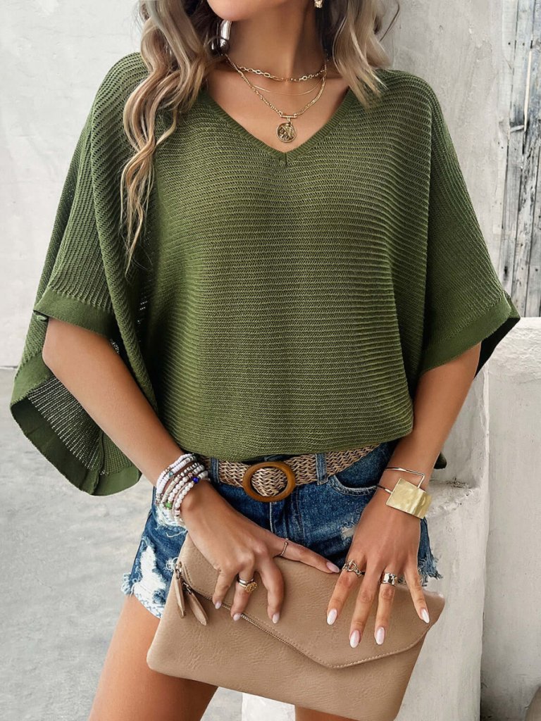 V - Neck Batwing Sleeve Knit Top - Matcha Green by Trendsi from FREYA’S CLOSET