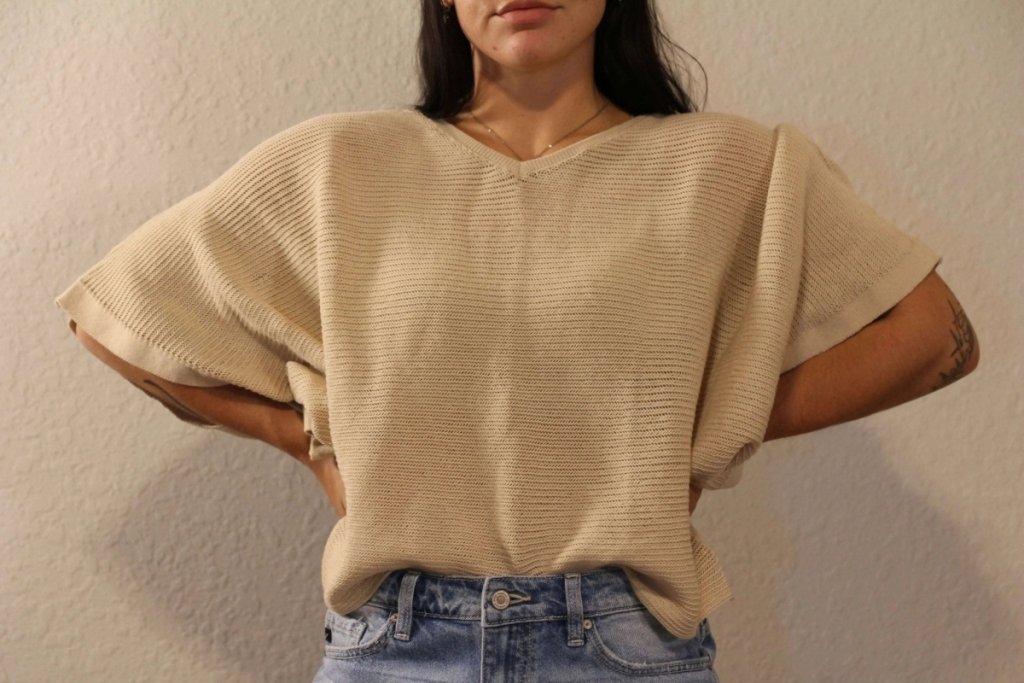 V - Neck Batwing Sleeve Knit Top - Tan by Trendsi from FREYA’S CLOSET
