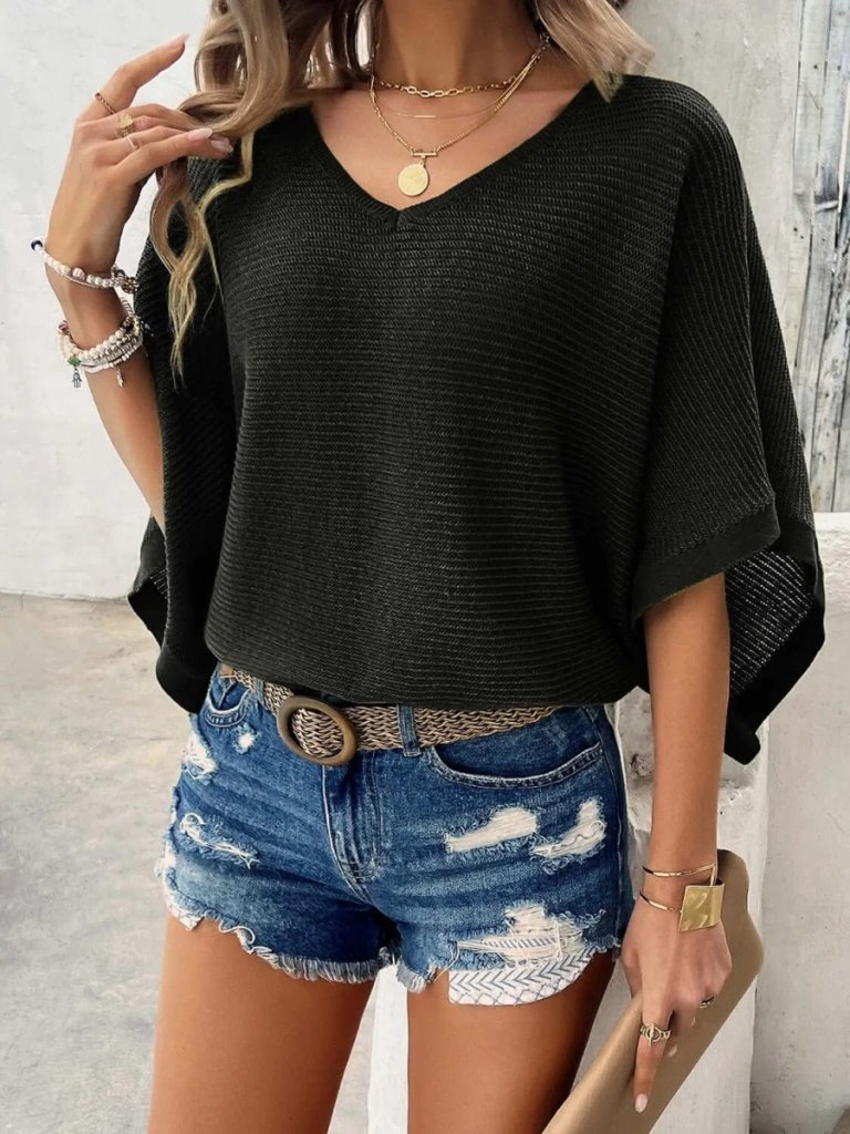 V - Neck Batwing Sleeve Knit Top - Black by Trendsi from FREYA’S CLOSET