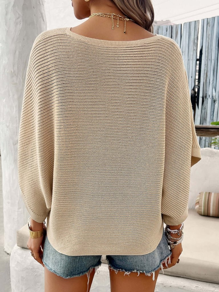 V - Neck Batwing Sleeve Knit Top - Tan by Trendsi from FREYA’S CLOSET