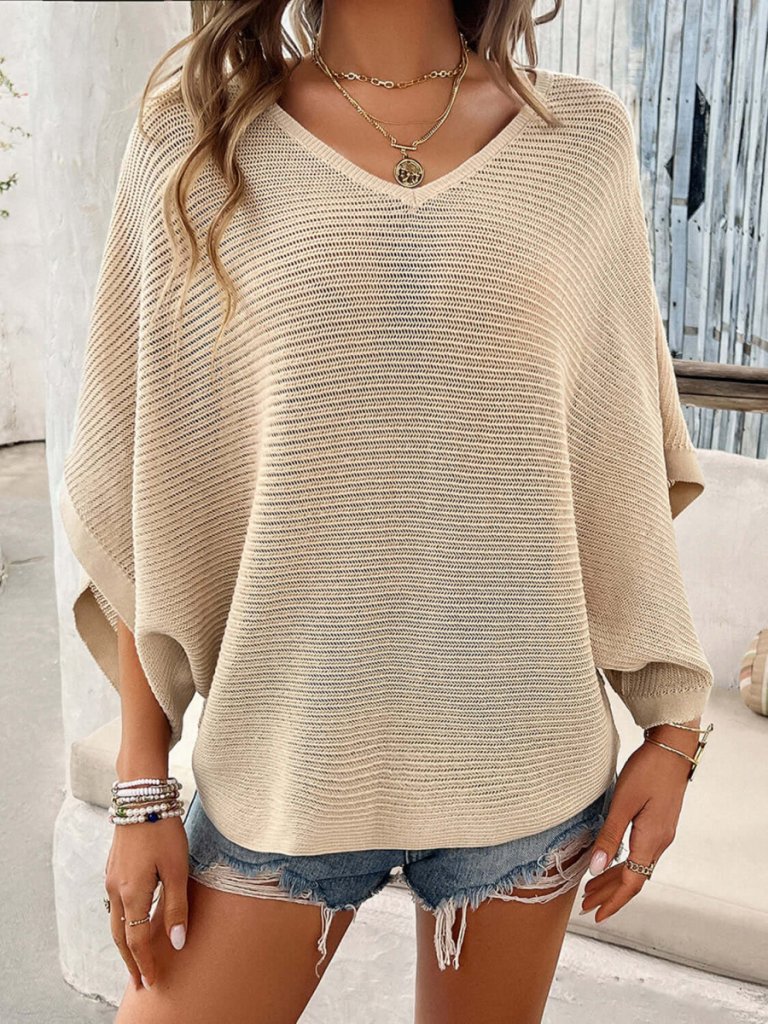 V - Neck Batwing Sleeve Knit Top - Tan by Trendsi from FREYA’S CLOSET