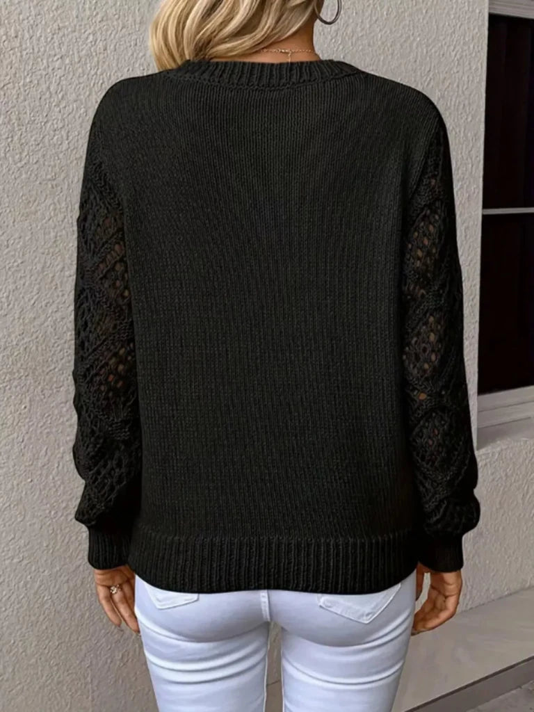 V - Neck Crochet Sleeve Sweater - Black by Trendsi from FREYA’S CLOSET