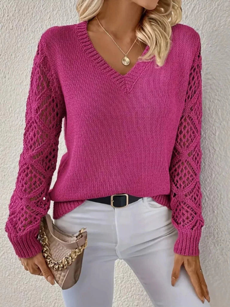 V - Neck Crochet Sleeve Sweater - Cerise by Trendsi from FREYA’S CLOSET
