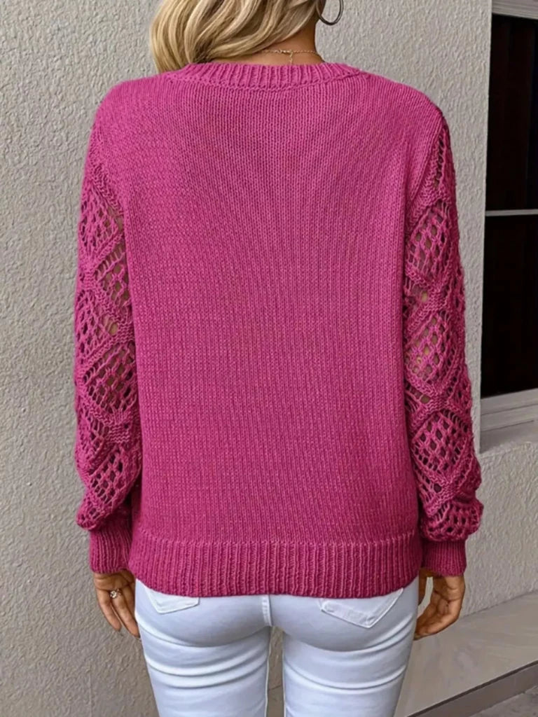 V - Neck Crochet Sleeve Sweater - Cerise by Trendsi from FREYA’S CLOSET