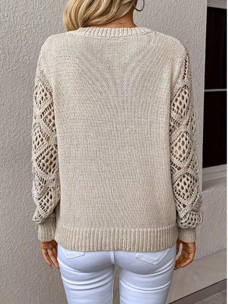V - Neck Crochet Sleeve Sweater - Dust Storm by Trendsi from FREYA’S CLOSET