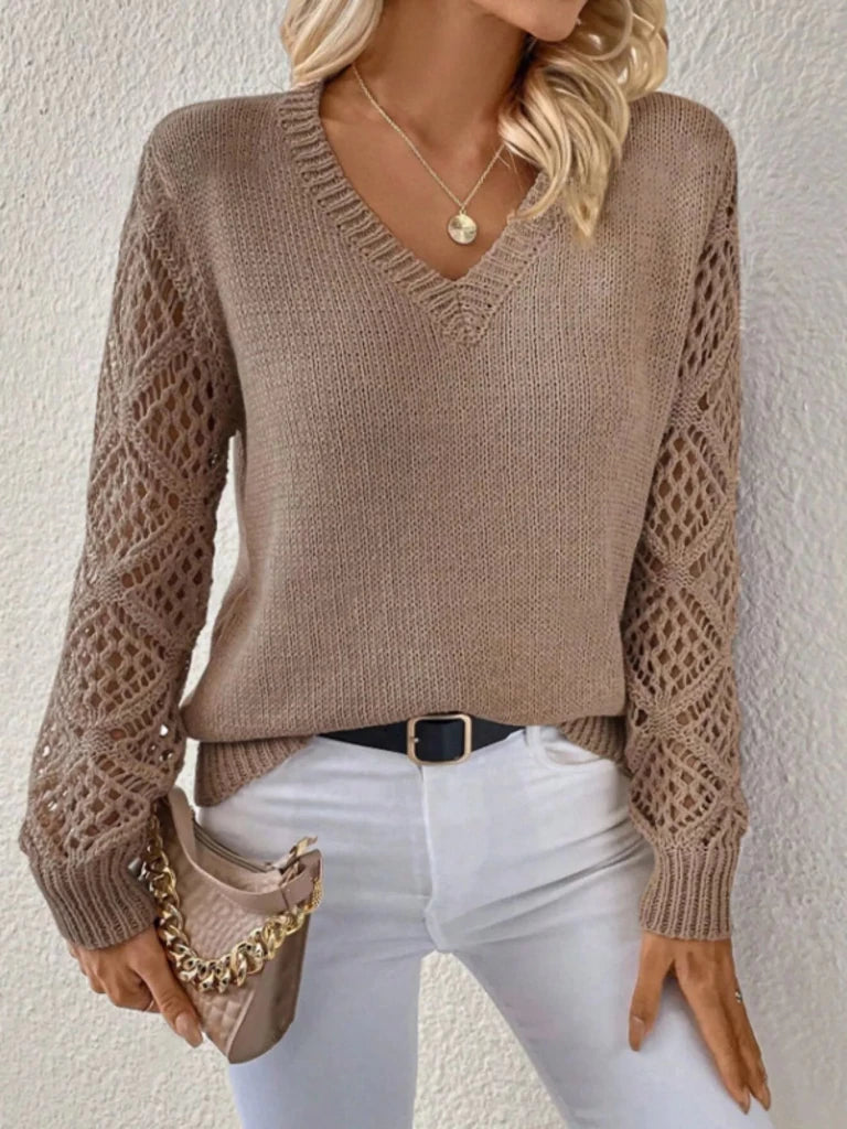 V - Neck Crochet Sleeve Sweater - Mocha by Trendsi from FREYA’S CLOSET