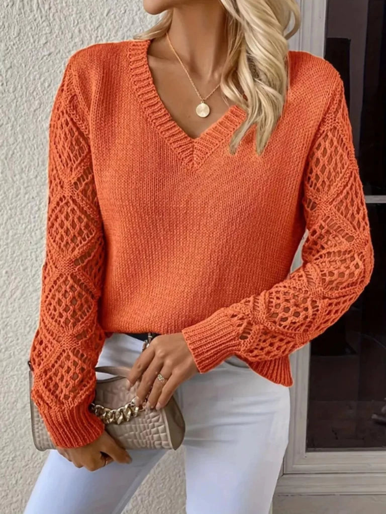 V - Neck Crochet Sleeve Sweater - Orange by Trendsi from FREYA’S CLOSET