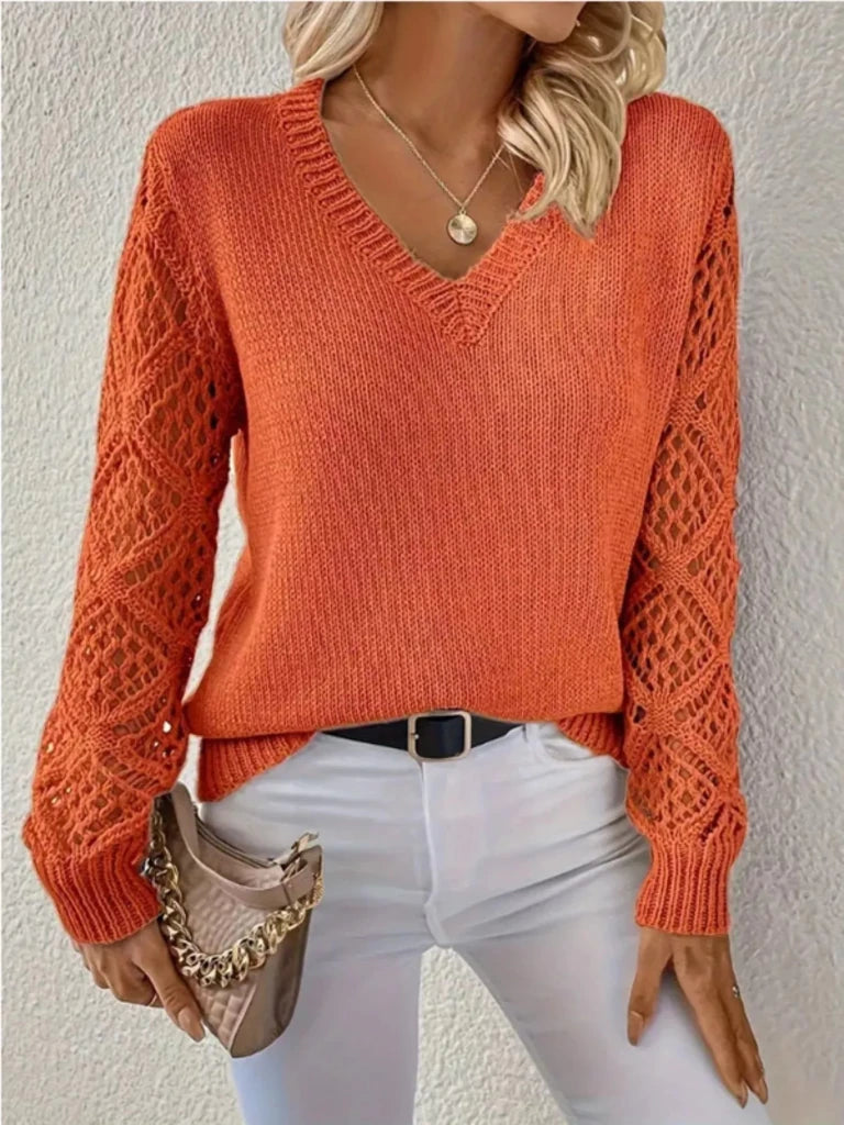 V - Neck Crochet Sleeve Sweater - Orange by Trendsi from FREYA’S CLOSET