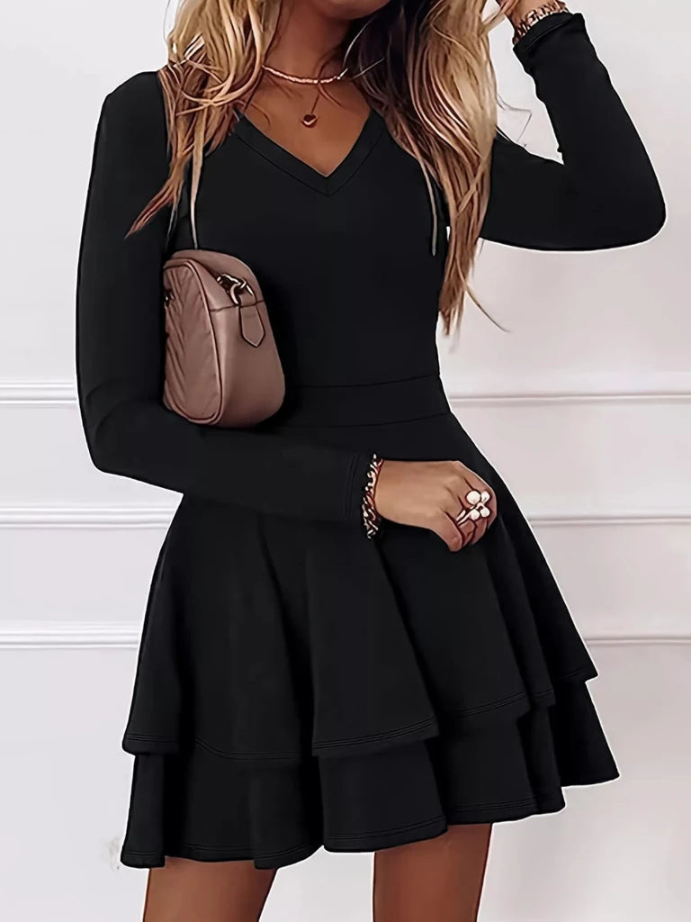 V-neck long sleeve layered ruffle mini dress, alternate product image