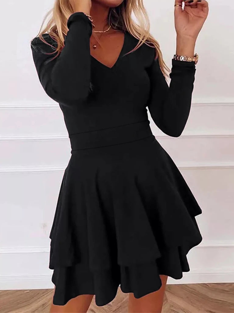 V-neck long sleeve layered ruffle mini dress, alternate product image