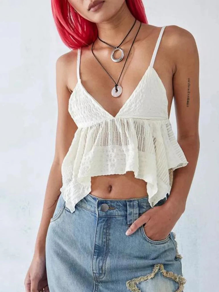 V - Neck Peplum Cami Top - White by Trendsi from FREYA’S CLOSET