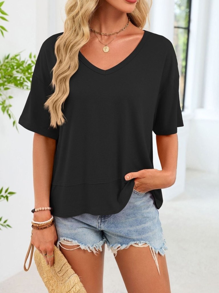 V - Neck Relaxed Fit Solid Color T-Shirt - Black by Trendsi from FREYA’S CLOSET