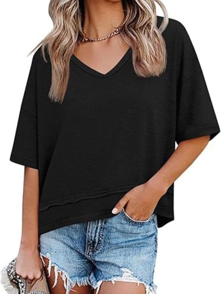 V - Neck Relaxed Fit Solid Color T-Shirt - Black by Trendsi from FREYA’S CLOSET